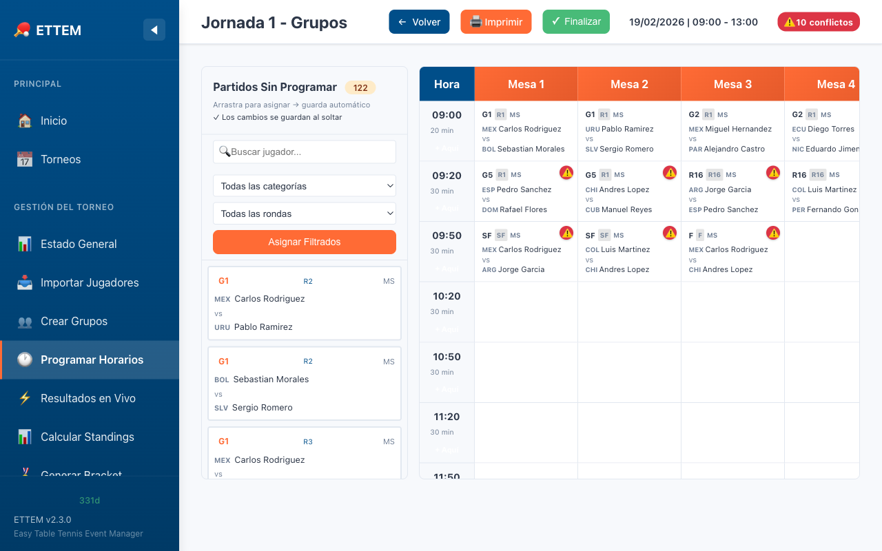 Cuadr&iacute;cula del Scheduler con partidos asignados