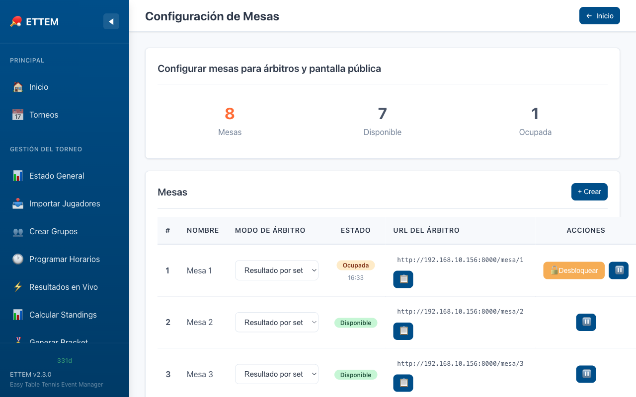 Configuraci&oacute;n de mesas para &aacute;rbitros
