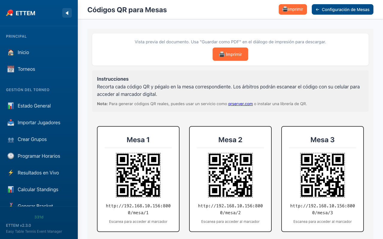 P&aacute;gina de c&oacute;digos QR por mesa